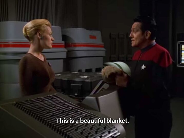 Chakotay hält eine Decke und sagt zu Seven: This is a beatiful blanket.