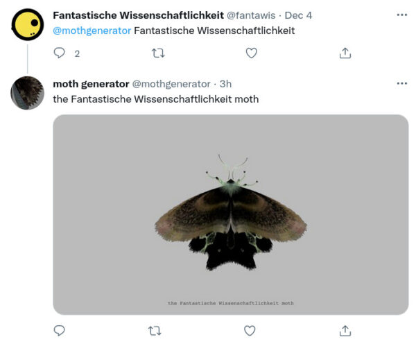 Screenshot von @mothgenerator, nach uns benannte, generierte Motte