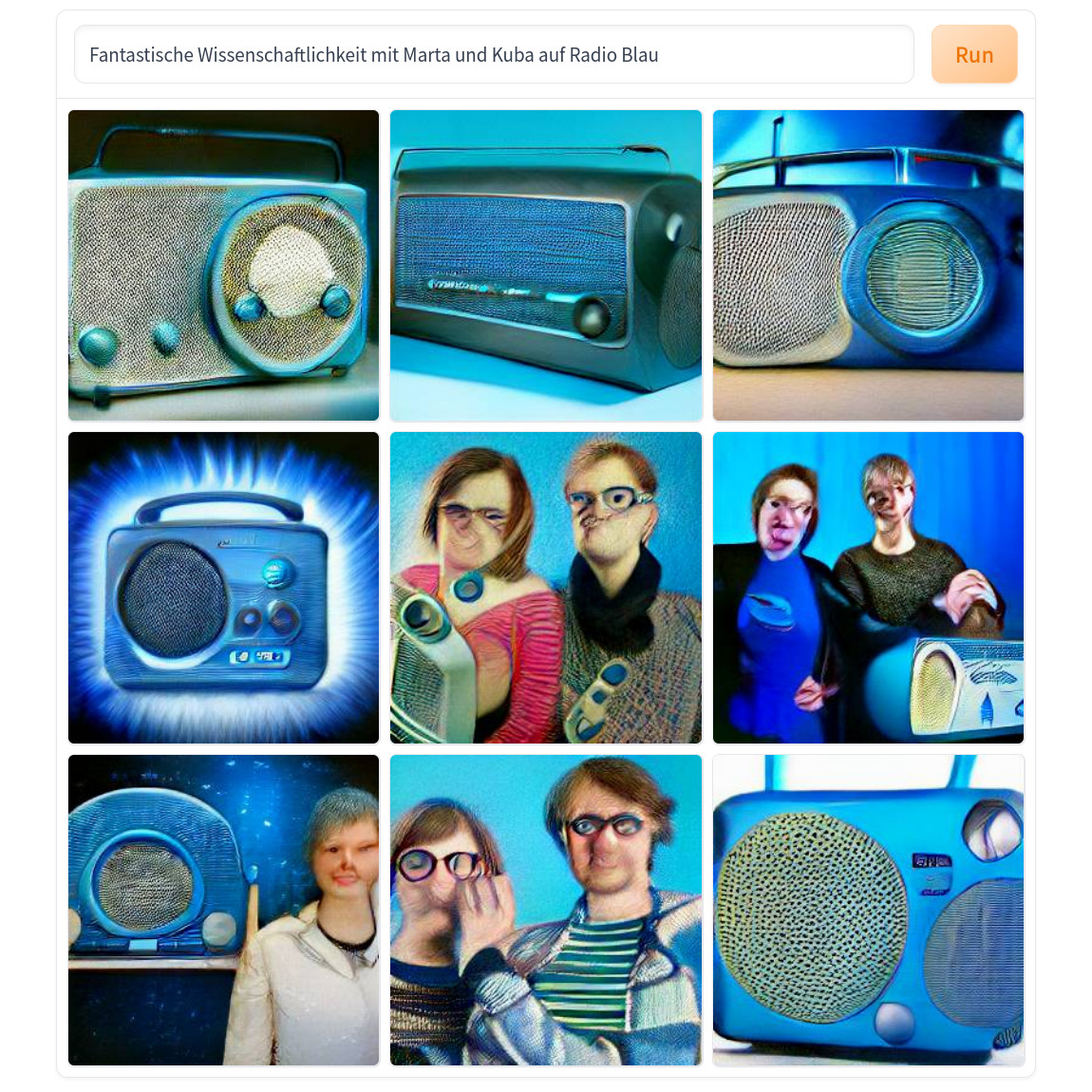 Dall-E mini generierte Bilder, Prompt: Fantastische Wissenschaftlichkeit mit Marta und Kuba auf Radio Blau: verformte Menschen, blaue Radios