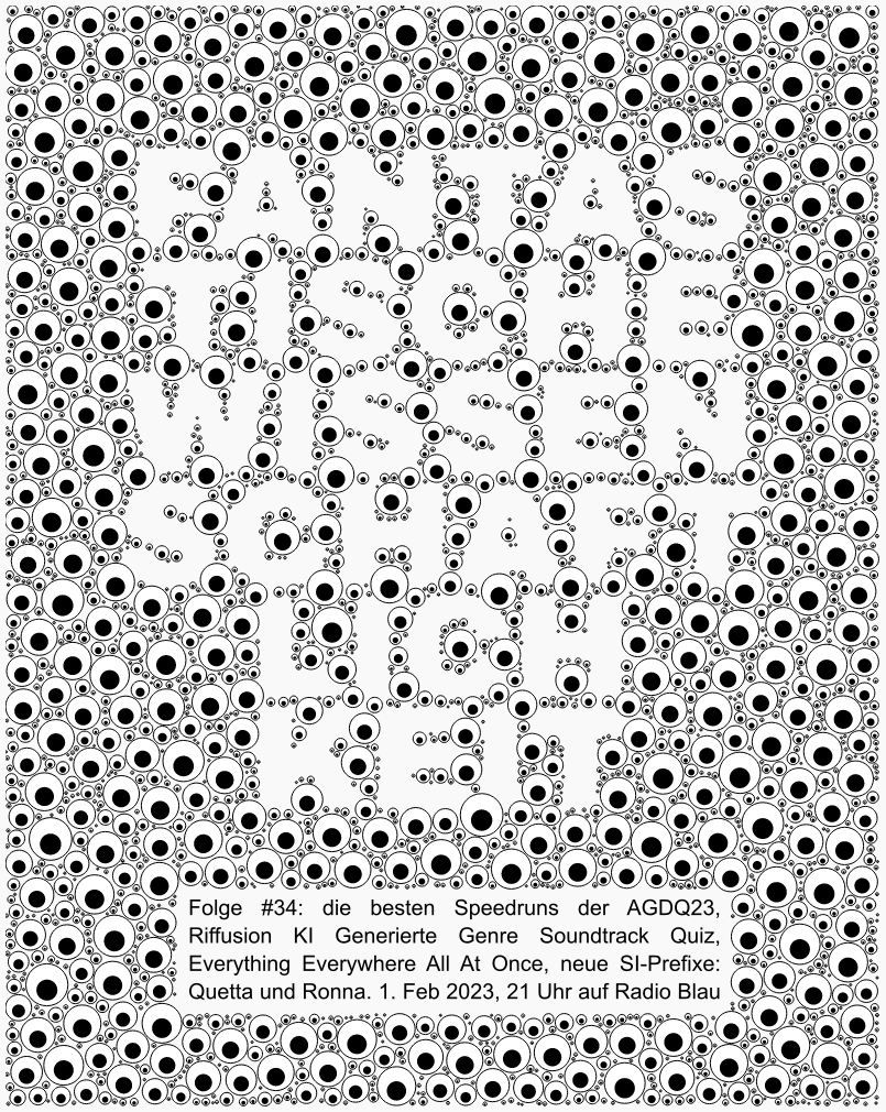 Poster: Schriftzug Fantastische Wissenschaftlichkeit als Weißraum/Negativ umgeben von Googley-Eyes, im Stil des Posters von Everything Everywhere All At Once