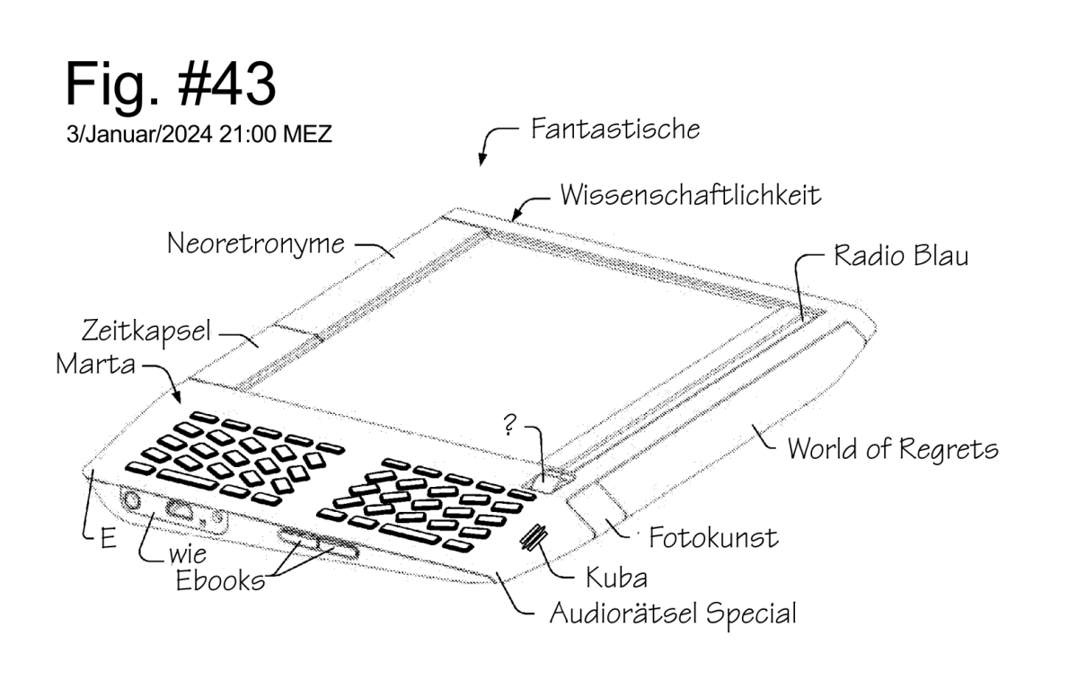 Flyer für FW#43: Eine Patentschrift-Skizze, die ein unmodern anmutendes Ebook zeigt (tatsächlich ein Kindle), mit einer Blackberry-artigen Tastatur, die Feldlinien zu folgen scheint. Die Beschriftungen der einzelnen Komponenten sind ersetzt durch die Inhalte der Sendung (siehe Kapitelchen) und die anderen allgemeinen Flyer-Info-Texte.