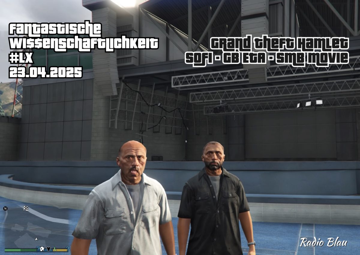 Flyer für FW#60: Screenshot aus GTA5, first Person, unten links die Minimap, im Hintergrund die große graue Bühne der Winevood Bowl. Im Vordergrund zwei NPCs mit aggresiver Pose aber seltsam leblosen Gesichtsausdrücken, und verdächtig ähnlichen Gesichtern. Es sind die zwei Hausmeister der Bowl, oder so. Sie starren in die Kamera, bzw uns in die Augen! Ohoh! Eastereggs: Wi$$enschaftlichkeit mit 2x Dollarzeichen und Nr als #LX; auf der Minimap ist Radio Blau geschrieben mit Font der sich an die Stadtteil-Info von GTA anlehnt.