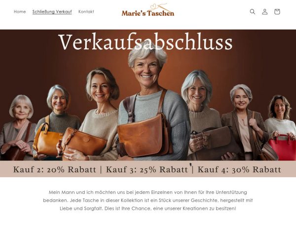 Screenshot des Maries-Taschen Shops. Großes Header-Bild mit einem Team aus 7 KI-generierten Maries: Frauen ca. um die 50 Jahre, eher graue haare, jede mit einer Tasche. Betitelt: Verkaufsabschluss; in der Navigation hingegen: Schließung Verkauf. Darunter Text: Mein Mann und ich möchten uns bei jedem Einzelnen von Ihnen für Ihre Unterstützung bedanken. Jede Tasche in dieser Kollektion ist ein Stück unserer Geschichte, hergestellt mit Liebe und Sorgfalt. Dies ist Ihre Chance, eine unserer Kreationen zu besitzen!