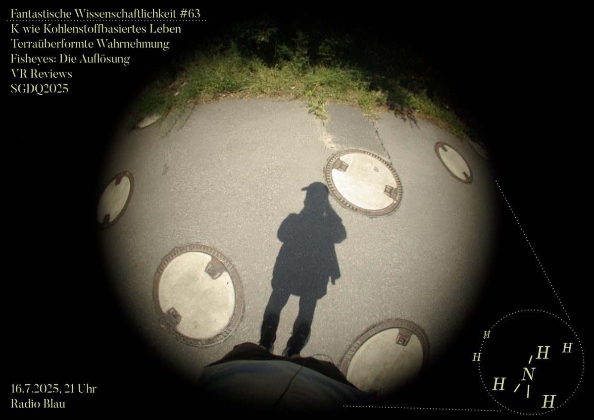 Flyer für FW#63: Fisheye-Fotografie. Fotograf Kuba schaut auf den Asphaltboden. Sein Schatten (Beine sprießen daraus hervor) ist umzingelt von Gullideckeln und ein bisschen Vegetation. Das Bild ist kreisförmig und gewölbt, wie ein kleiner Planet. In der Ecke ahmt eine fake chemische Formel die Konstellation aus Schatten und Gullis nach: Kuba ist ein N, die Gullis H-Atome, zusammen bilden sie evtl. ein Ammoniak-Molekül...