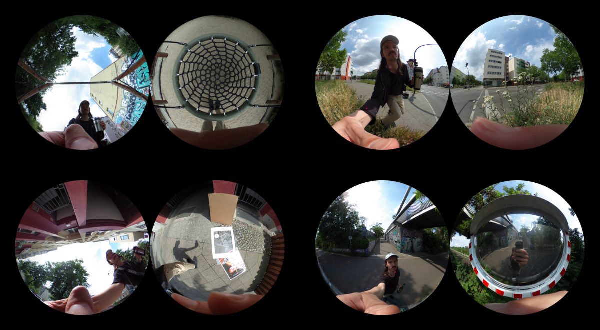 4 Bildpaare, je 2 kreisrunde Fisheye-Fotos. Selfiestick-artig ist in je einem der Arm zum Fotograf Kuba verfolgbar, damit Selbstporträts. Im anderen jeweils Stadtarchitekturkram: ein Spielplatz-Schaukel-netz - kaum Fisheye-verzerrt weil rund; ein paar Häuserblocks, Poster-Müll auf dem Boden, daneben Kubas Bein und Schatten. Im letzten wird das Selbstporträt und Fisheye gedoppelt: ein Verkehrs-Wölbspiegel reflektiert die kleine 360°-Kamera.