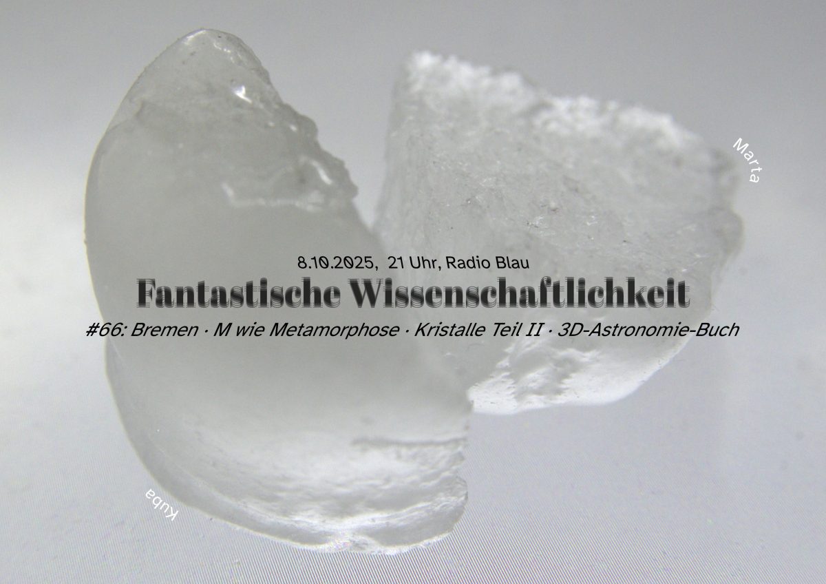 Flyer für FW#66, mit Uhrzeit+Themen; Titel in fancy Typo aber verwackelt; Untertitel übertrieben kursiv. Im Hintergrund Foto von zwei Kristallen, die sich berühren. Sie scheinen abgerundete Außenflächen, und schroffe Innenflächen zu haben, wie zerbrochen... und sie sind mit Kuba und Marta betitelt. Das Foto ist aus ungewöhnlichen Richtungen schwach und kontrastarm ausgeleuchtet; die Kristalle glänzen von unten, werfen keine Schatten, spiegeln sich aber leicht auf der kaum wahrnehmbaren Oberfläche, die leichte Moirés aufweist. Der größere Kuba-Kristall wird durch seine schwache Transparenz dreckig-grau, dahinter versetzt erscheint der Marta-Kristall heller, leichter, wenn auch umgekippter. 