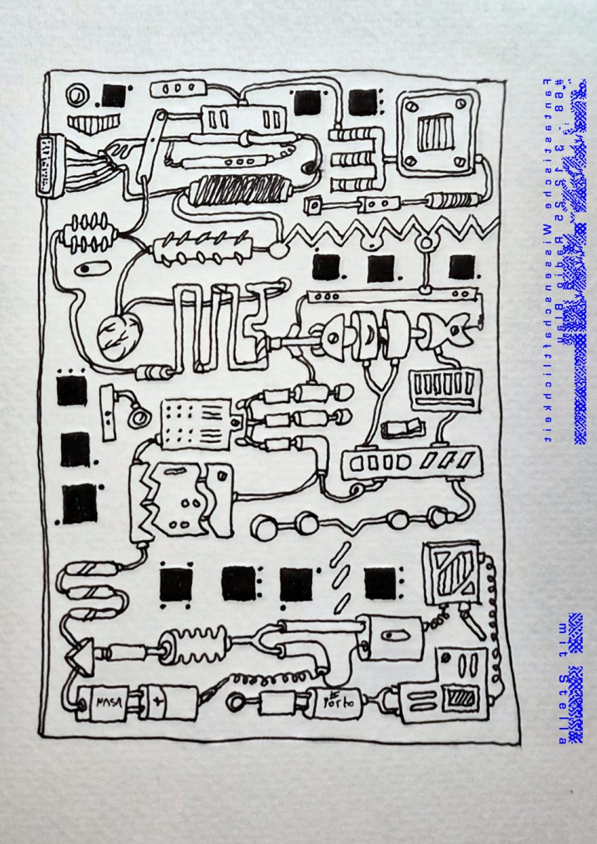 Flyer mit Sendungsname + Uhrzeit, doppelt in krypische-chaotischen Zeichen und komisch gespiegelt; dazu ein komplizierter handgezeichneter Schaltplan: ein Fisch, ein Herz, ein DVI-Anschluss, ein Widerstand namens NASA, ein Röhrchen mit #PORTO