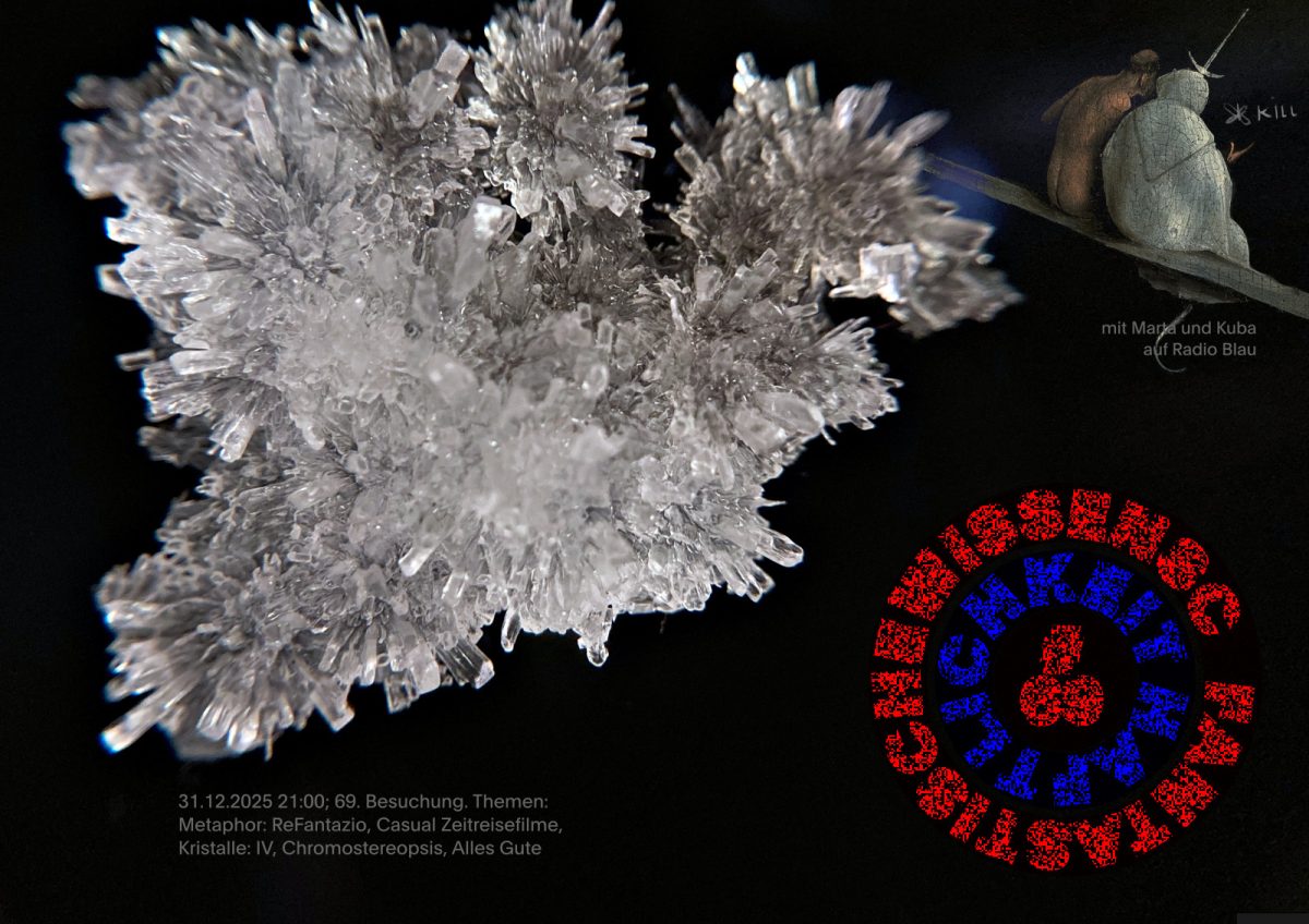 Flyer für FW#69, mit Themen und Daten. Makrofoto eines explosiv aussehenden Kristalls. In der Ecke hocken zwei Figuren, rücken zu uns, auf einer Bank oder Träger - Ausschnit aus dem Garten der Lüste. Die bemantelte, gehörnte Figur erzählt dem nackten Typen etwas, eine Graffito-Sprechblase suggeriert, dass sie Schmetterlinge killen soll? Die Figuren sind als Marta und Kuba auf Radio Blau betitelt. Der Titel, Fanta..Wiss.. ist in verpixelten, rot-blauen konzentrischen Ringen angeordnet, wie die Chromostereopsis-Illusion. Noch 1 Easter Egg: in den Themen heißt diese Folge die 69. Besuchung.