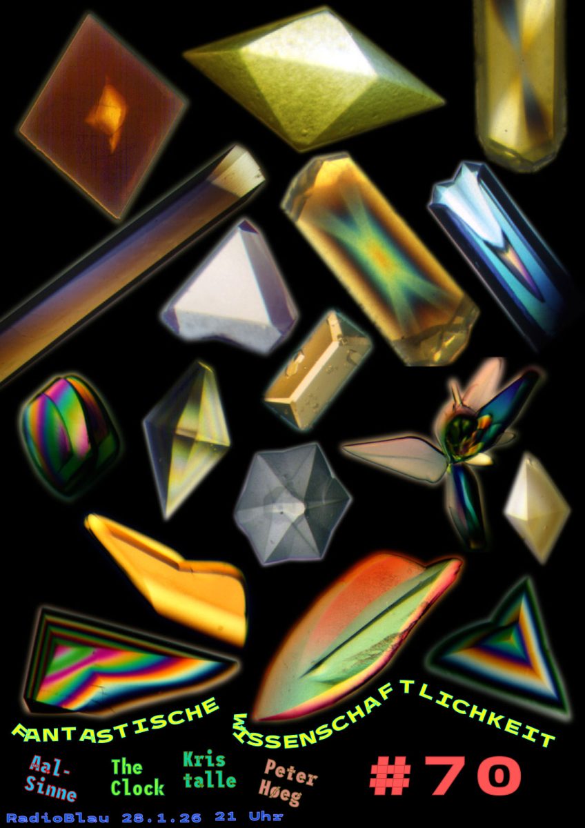 Flyer für FW#70 mit den Themen. Collage verschiedener, wirklich fantastischer Kristalle, sehr bunt, manche regenbogenfarbig, einer sieht aus wie ein Kolibri? Schöne geometrische Formen mit, abgeschrägten Kanten, wie Tetraederstümpfe. Sie haben auch ein leichtes glühen außen und innen, manchmal mit einem durscheinenden X... wow. Typographie UV-Schwarzlicht-Lampe-auf-Schwarz-Style.