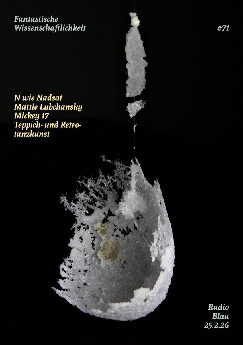 Flyer für FW#71: Datum, Themen auf einer recht dunklen, grauen, aber scharfen Fotografie eines zarten Objekts: wie ein Stück Eierschale aus Kristall, an einer krustigen Angelschnur hängend, mit einer Kristallknospe im Fokuspunkt. Ihr gegenüber haftet ein Stück Schimmel. Die Bruchstellen/Rändern fasern aus, bisschen wie der unfertige Todesstern, nur mehr Stillleben.