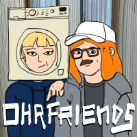 Cover für Ohrfriends, Comiczeichnung: Stella mit Waschmaschinenkopfmaske, Kuba mit langen rot-orangen Haaren.
