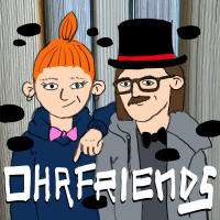 Cover für Ohrfriends, Comiczeichnung: Stella mit Kleine-My-Hochsteckfrisur, Kuba mit Muminpapa-Zylinder, beide mit Fliegen. Darüber ominöse rumfliegende schwarze Ovale.