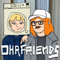 Cover für Ohrfriends, Comiczeichnung: Stella mit Waschmaschinenkopfmaske, Kuba mit langen rot-orangen Haaren.