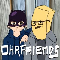 Cover für Ohrfriends, Comiczeichnung: Stella mit Ghost-World-Sexshop-Batman-Maske, Kuba als Pommes aus der Armee von Aglaé, gelb und quaderig.