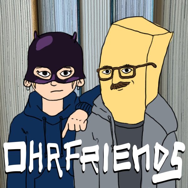 Cover für Ohrfriends, Comiczeichnung: Stella mit Ghost-World-Sexshop-Batman-Maske, Kuba als Pommes aus der Armee von Aglaé, gelb und quaderig.