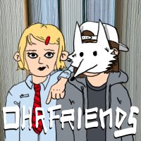 Cover für Ohrfriends, Comiczeichnung: Stella im light goth 90s art school look (Krawatte, Haarspange, schwarzes Makeup), Kuba mit blassweißer Fuchsmaske auf