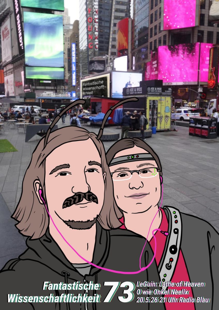 Flyer für FW#73: Marta und Kuba als Comicfiguren gezeichnet auf dem Times Square, Antennen und Gadgets tragend und über ein Kopfhörerkabel verbunden