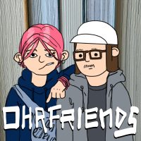 Cover für Ohrfriends, Comiczeichnung: Stella mit Pinken haaren und Kippe lässig im Mundwinkel, Kuba extrem geometrisiert, aus Kreisen und Rechtecken zusammengebaut