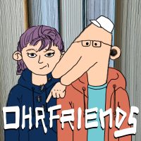 Cover für Ohrfriends, Comiczeichnung: Stella mit violetten Haaren, Kuba als Frau Feder: wurstiger Schnabel und Hundöhrechen. Uncanny und unnerving!