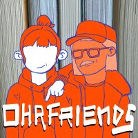 Cover für Ohrfriends, Comiczeichnung: Stella und Kuba in Orange-Weiß, augen- und nasenlos - im Stil von Kartographie
