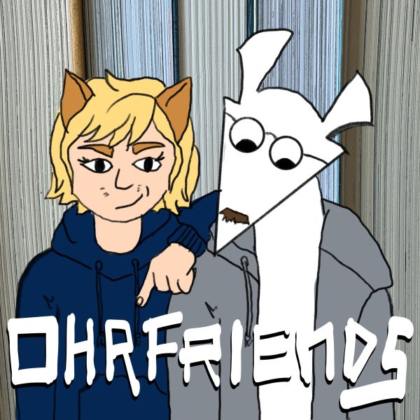 Cover für Ohrfriends, Comiczeichnung: Stella als Gillie (aus Runway to the Stars), mit Katzenohren, Kuba als Bugferret-KI-Avatar Bip, aber mit Schnauzer