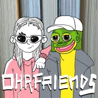 Cover für Ohrfriends, Comiczeichnung: Stella in dünnen schwarz-weiß Strichen mit Cyberhipster Wraparound Oakleys und Stirn- und Gesichtstattoo, Kuba als Stoner-Frosch