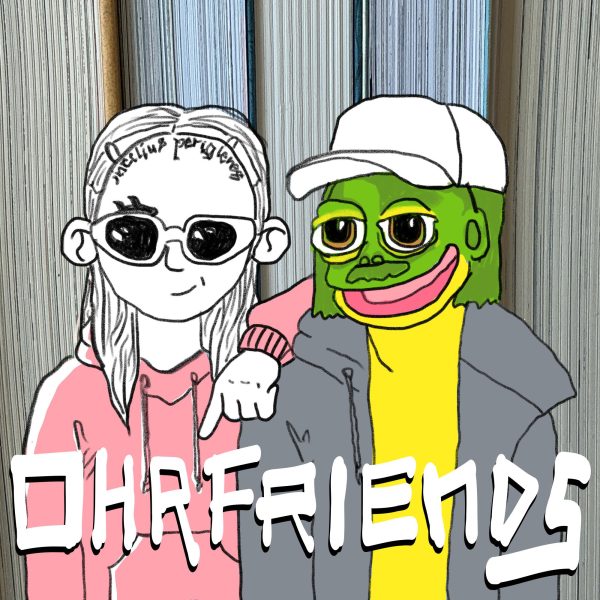 Cover für Ohrfriends, Comiczeichnung: Stella in dünnen schwarz-weiß Strichen mit Cyberhipster Wraparound Oakleys und Stirn- und Gesichtstattoo, Kuba als Stoner-Frosch