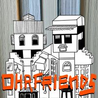 Cover für Ohrfriends, Comiczeichnung: Stella und Kuba in Julia Wertz‘ Stil: schwarzweiß, starke Linien, keine Schraffur, schwarze Flächen ­– aber als Gebäude! Mit Fensteraugen, Zaunhaaren, Zeltmütze und Markisenschnauzer.