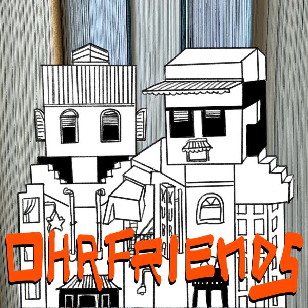 Cover für Ohrfriends, Comiczeichnung: Stella und Kuba in Julia Wertz‘ Stil: schwarzweiß, starke Linien, keine Schraffur, schwarze Flächen ­– aber als Gebäude! Mit Fensteraugen, Zaunhaaren, Zeltmütze und Markisenschnauzer.