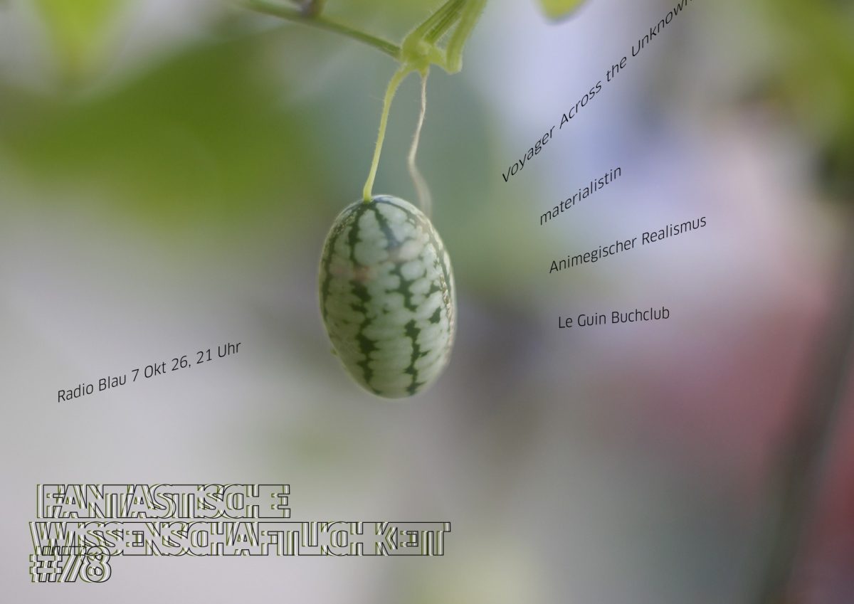 Flyer für FW#78: Makrofotografie einer Gurkenmelonenfrucht (? Melothria scabra, cucamelon, pepquino). Ein 3cm langer grüngestreifter Ovaloid an einem sehr dünnen Stielchen vor sehr unscharfem nebulösen Hintergrund. Strahlenförmig darum die Themen der Sendung, und der Titel dreifachstrichelig-unscharf stilisiert.