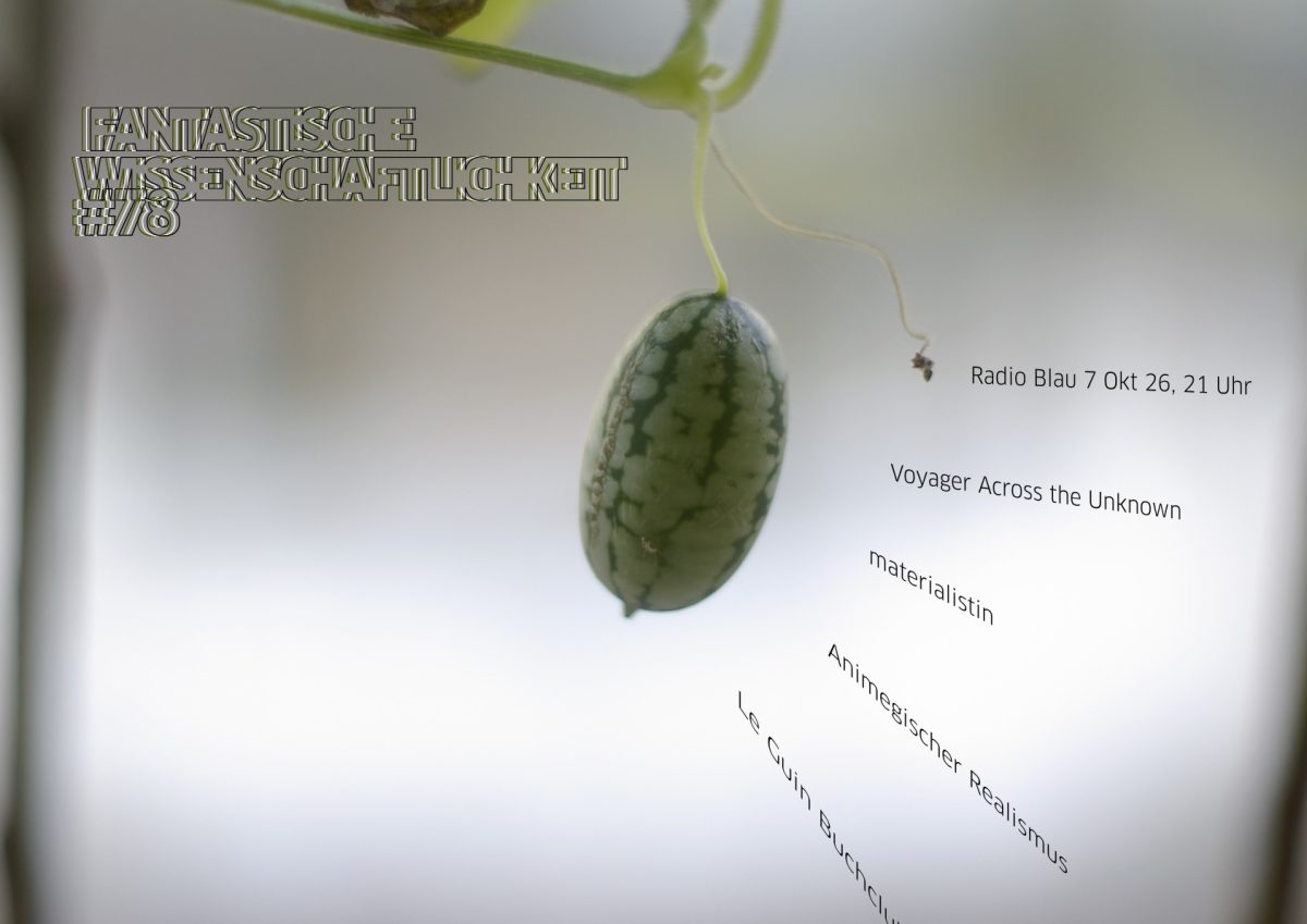 Flyer für FW#78: Makrofotografie einer Gurkenmelonenfrucht (? Melothria scabra, cucamelon, pepquino). Ein 3cm langer grüngestreifter Ovaloid an einem sehr dünnen Stielchen, dramatisch dunkel im Gegenlicht, vor sehr unscharfem, hellen, nebulösen Hintergrund. Strahlenförmig darum die Themen der Sendung, und der Titel dreifachstrichelig-unscharf stilisiert.