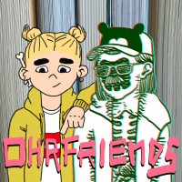 Cover für Ohrfriends, Comiczeichung: Stella mit Spacebuns, dicken schwarzen Augenbrauen, gelbem Hoodie und Knochen hintern Ohr, Kuba im anaglyphen rotcyan 3D, Loch statt Gesicht (Brille und Schnauzer halten trotzdem), nicht nur der Hoodie ist offen, sondern auch die Rippen liegen offen und schließlich Disneyland-aber-Frank-Ohren-Schirmmütze. Puh!