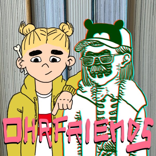 Cover für Ohrfriends, Comiczeichung: Stella mit Spacebuns, dicken schwarzen Augenbrauen, gelbem Hoodie und Knochen hintern Ohr, Kuba im anaglyphen rotcyan 3D, Loch statt Gesicht (Brille und Schnauzer halten trotzdem), nicht nur der Hoodie ist offen, sondern auch die Rippen liegen offen und schließlich Disneyland-aber-Frank-Ohren-Schirmmütze. Puh!