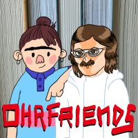 Cover für Ohrfriends, Comiczeichung: Stella als Mawils Torsten Maslowski mit Monobrow, abstrakten Punktaugen, mattpinken Bäckchen, Knollennase und Manbun; Kuba als Sex Criminal Polizeilady mit glänzendem wallenden Haar, spitzer Brille und spitzem, fiesem Gesicht.